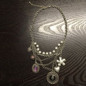 Gorgeous Silver Charm Tiered Necklace with Faux Pearls and Lavender Stone